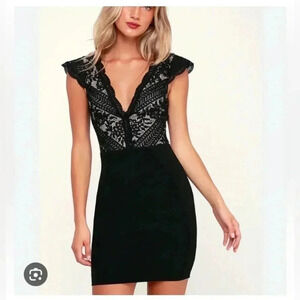 NWT Lulus Give a Glam Bodycon Dress Size XS Black Lace Mini Sexy V Neck Stretchy